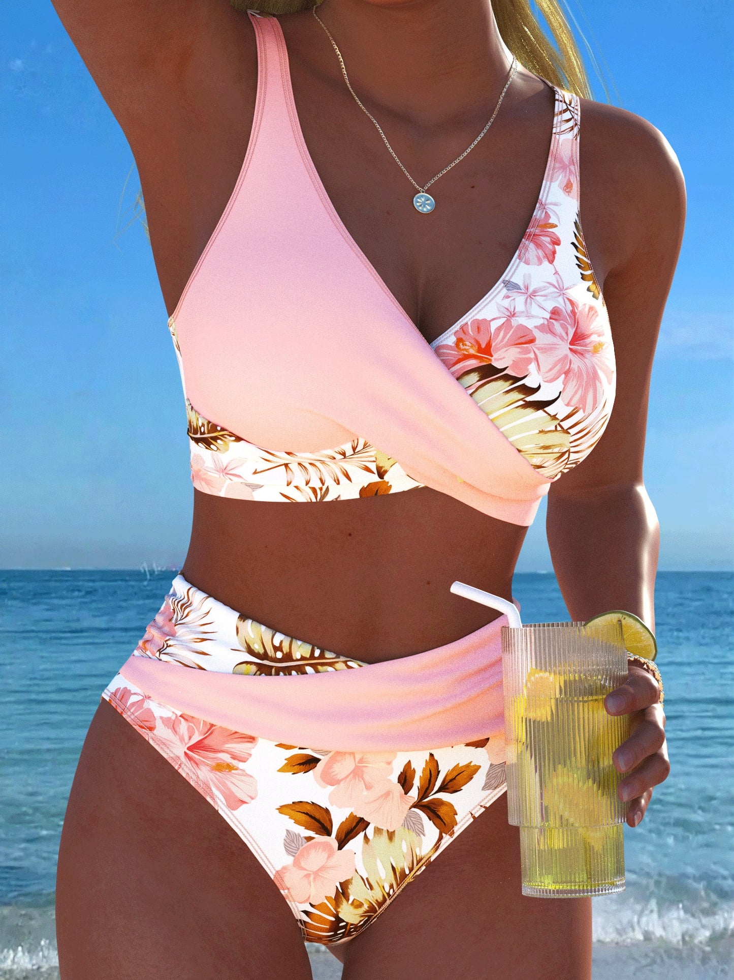 New Beach, Swimming Pool, Vacation, Sexy, Elegant Plant Printed Plain Fabric, Cross Contrasting Shoulder Straps, Split Swimwear Women Summer Pink, Resort Wear