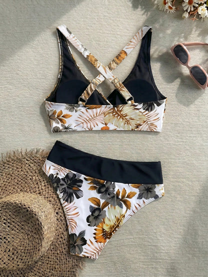 New Beach, Swimming Pool, Vacation, Sexy, Elegant Plant Printed Plain Fabric, Cross Contrasting Shoulder Straps, Split Swimwear Women Summer Black, Resort Wear