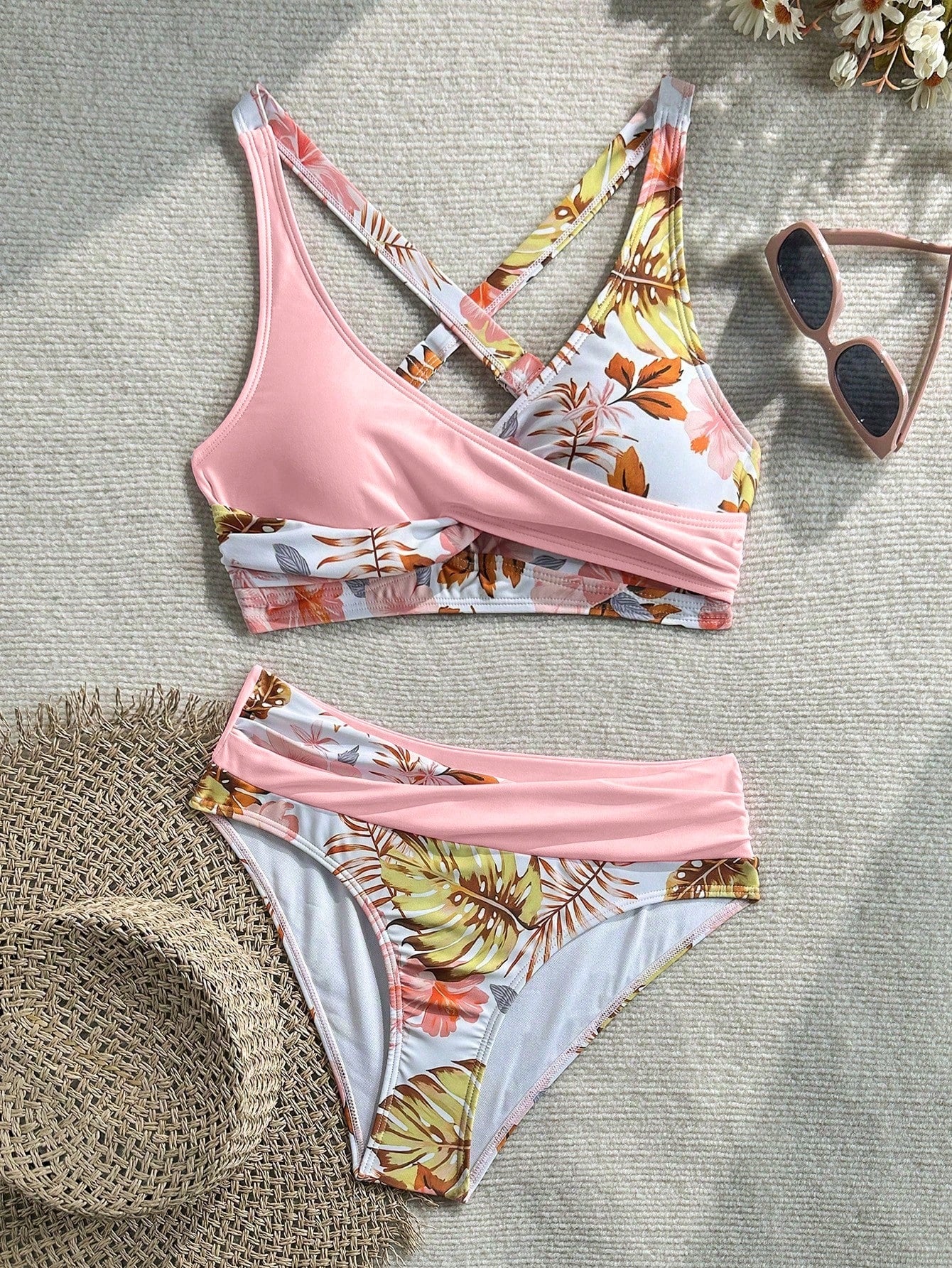 New Beach, Swimming Pool, Vacation, Sexy, Elegant Plant Printed Plain Fabric, Cross Contrasting Shoulder Straps, Split Swimwear Women Summer Pink, Resort Wear