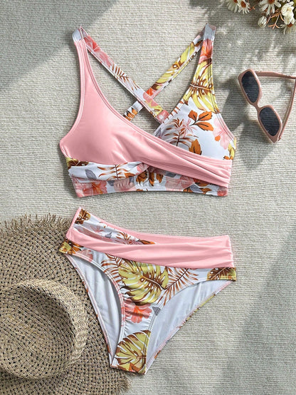 New Beach, Swimming Pool, Vacation, Sexy, Elegant Plant Printed Plain Fabric, Cross Contrasting Shoulder Straps, Split Swimwear Women Summer Pink, Resort Wear