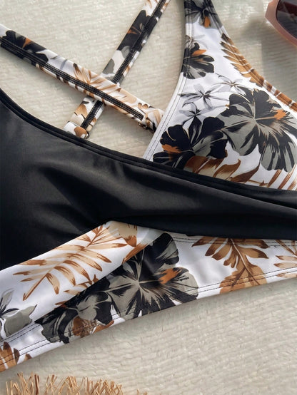 New Beach, Swimming Pool, Vacation, Sexy, Elegant Plant Printed Plain Fabric, Cross Contrasting Shoulder Straps, Split Swimwear Women Summer Black, Resort Wear