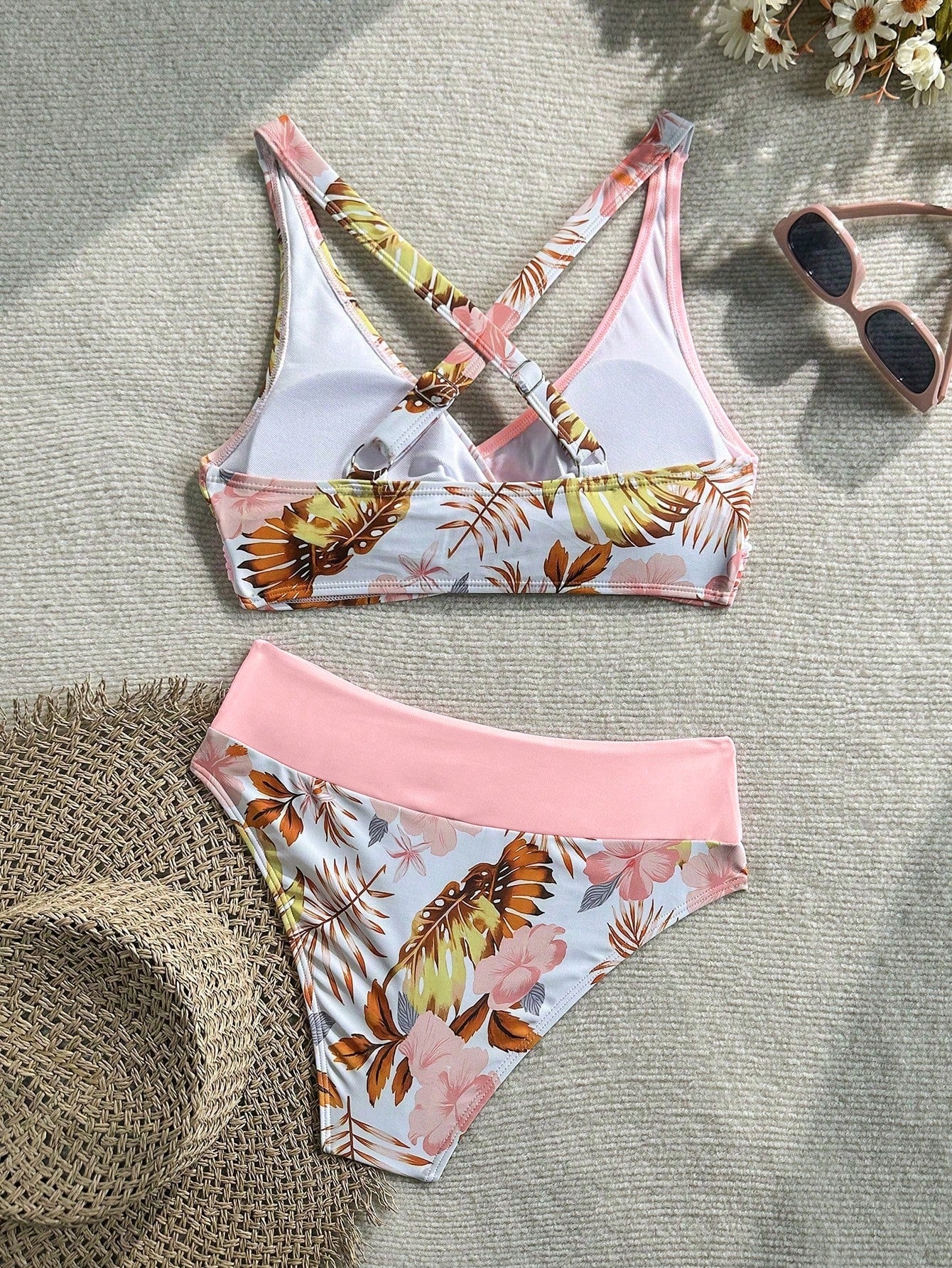 New Beach, Swimming Pool, Vacation, Sexy, Elegant Plant Printed Plain Fabric, Cross Contrasting Shoulder Straps, Split Swimwear Women Summer Pink, Resort Wear