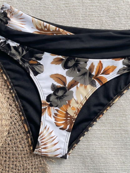New Beach, Swimming Pool, Vacation, Sexy, Elegant Plant Printed Plain Fabric, Cross Contrasting Shoulder Straps, Split Swimwear Women Summer Black, Resort Wear