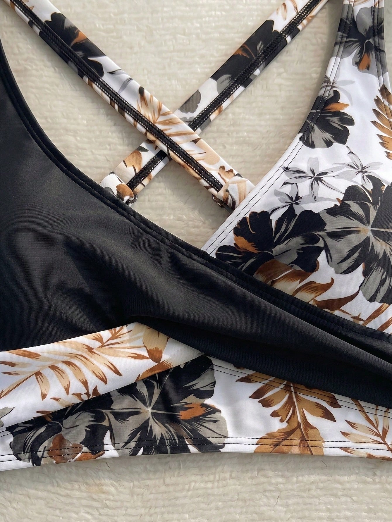 New Beach, Swimming Pool, Vacation, Sexy, Elegant Plant Printed Plain Fabric, Cross Contrasting Shoulder Straps, Split Swimwear Women Summer Black, Resort Wear
