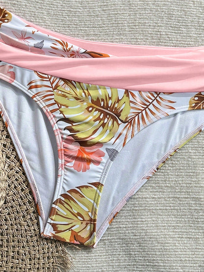 New Beach, Swimming Pool, Vacation, Sexy, Elegant Plant Printed Plain Fabric, Cross Contrasting Shoulder Straps, Split Swimwear Women Summer Pink, Resort Wear