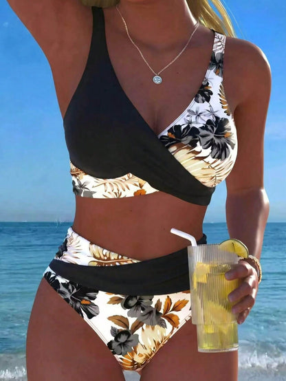 New Beach, Swimming Pool, Vacation, Sexy, Elegant Plant Printed Plain Fabric, Cross Contrasting Shoulder Straps, Split Swimwear Women Summer Black, Resort Wear
