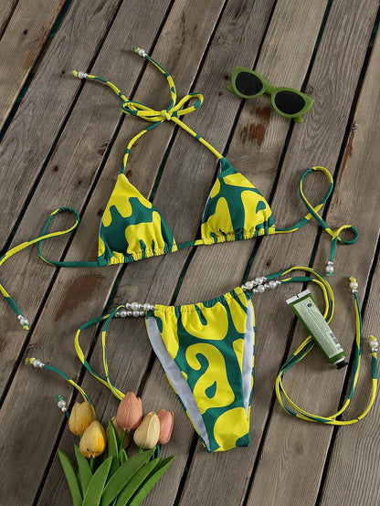 New Carnival Women's Bikini Set, Tropical Yellow-Green Artistic Geometric Wave Color Block Print Sexy Party Swimsuit, Summer Beach Vacation Music Festival