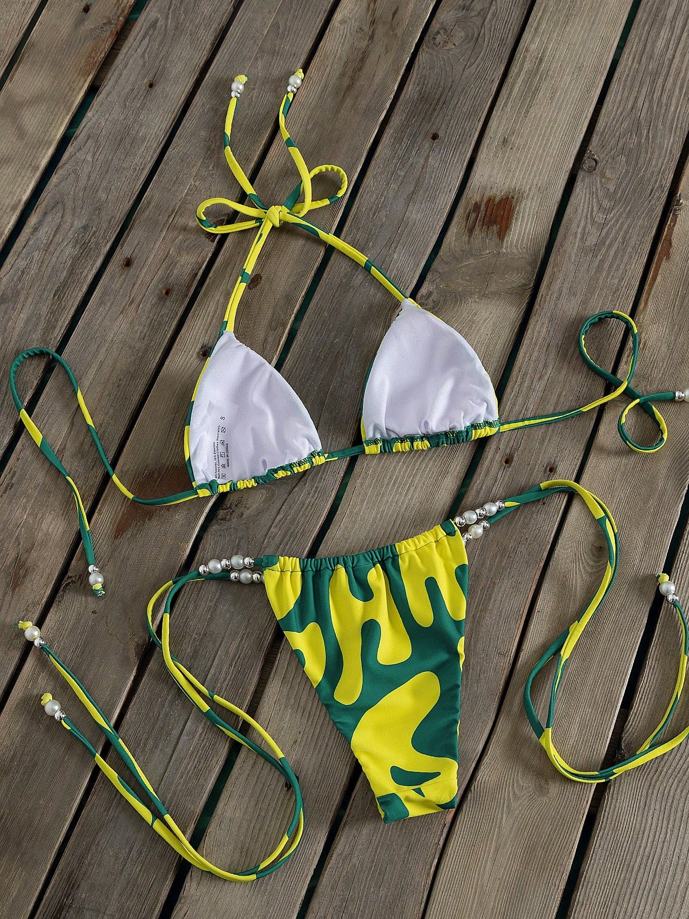 New Carnival Women's Bikini Set, Tropical Yellow-Green Artistic Geometric Wave Color Block Print Sexy Party Swimsuit, Summer Beach Vacation Music Festival