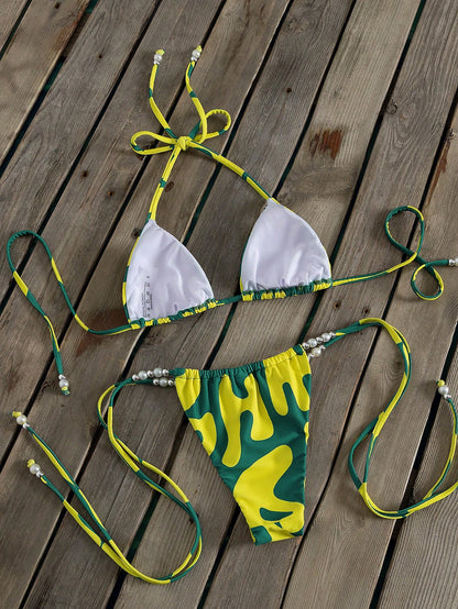 New Carnival Women's Bikini Set, Tropical Yellow-Green Artistic Geometric Wave Color Block Print Sexy Party Swimsuit, Summer Beach Vacation Music Festival