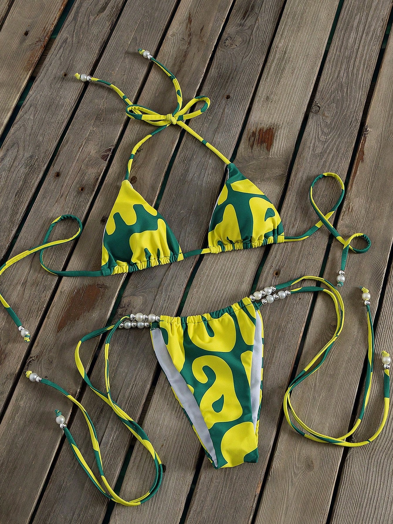 New Carnival Women's Bikini Set, Tropical Yellow-Green Artistic Geometric Wave Color Block Print Sexy Party Swimsuit, Summer Beach Vacation Music Festival