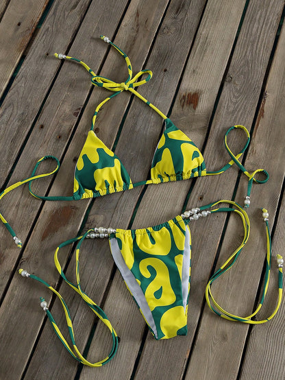 New Carnival Women's Bikini Set, Tropical Yellow-Green Artistic Geometric Wave Color Block Print Sexy Party Swimsuit, Summer Beach Vacation Music Festival