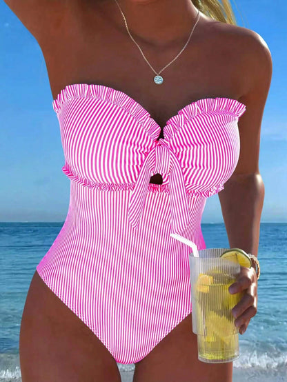 New Fashionable Sexy Elegant Striped Lace Ruffle Bust Bow Detachable Strap One-Piece Swimsuit For Beach, Pool Party, Vacation Pink Summer, Resort Wear