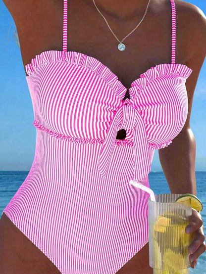 New Fashionable Sexy Elegant Striped Lace Ruffle Bust Bow Detachable Strap One-Piece Swimsuit For Beach, Pool Party, Vacation Pink Summer, Resort Wear