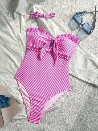 New Fashionable Sexy Elegant Striped Lace Ruffle Bust Bow Detachable Strap One-Piece Swimsuit For Beach, Pool Party, Vacation Pink Summer, Resort Wear