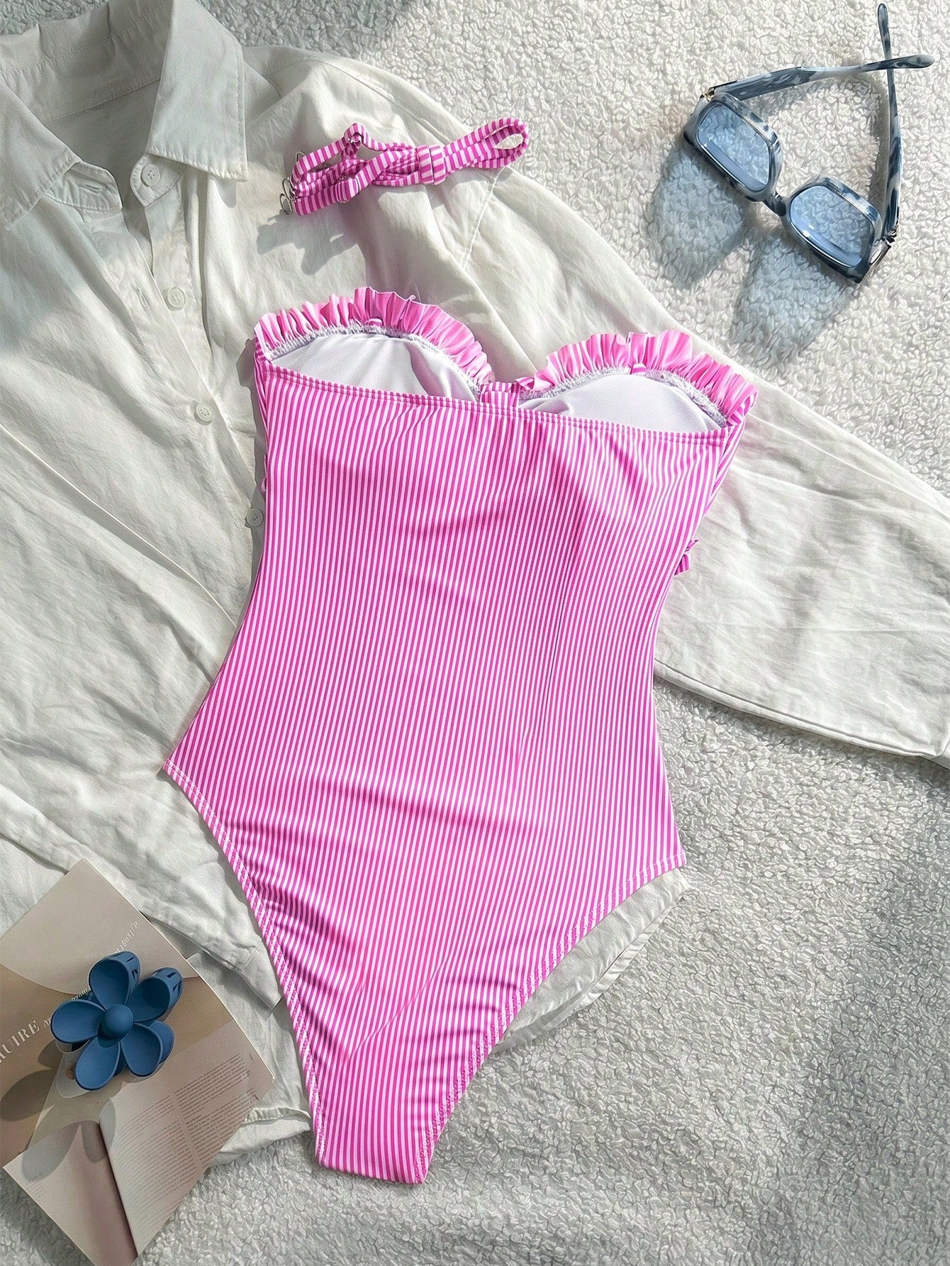 New Fashionable Sexy Elegant Striped Lace Ruffle Bust Bow Detachable Strap One-Piece Swimsuit For Beach, Pool Party, Vacation Pink Summer, Resort Wear