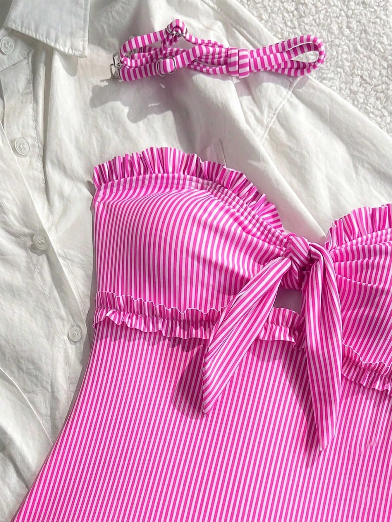 New Fashionable Sexy Elegant Striped Lace Ruffle Bust Bow Detachable Strap One-Piece Swimsuit For Beach, Pool Party, Vacation Pink Summer, Resort Wear