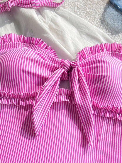New Fashionable Sexy Elegant Striped Lace Ruffle Bust Bow Detachable Strap One-Piece Swimsuit For Beach, Pool Party, Vacation Pink Summer, Resort Wear