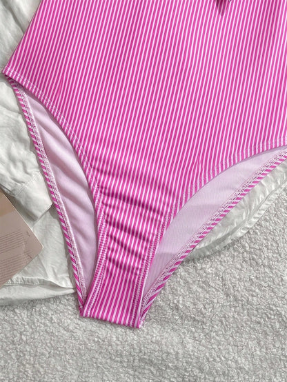 New Fashionable Sexy Elegant Striped Lace Ruffle Bust Bow Detachable Strap One-Piece Swimsuit For Beach, Pool Party, Vacation Pink Summer, Resort Wear