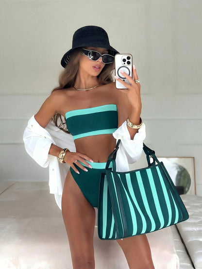 New Fashionable Sexy Solid Color Detachable Strap Strapless Bikini Swimwear For Women, Suitable For Beach, Pool Party, Vacation Summer, Minimalist