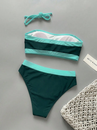 New Fashionable Sexy Solid Color Detachable Strap Strapless Bikini Swimwear For Women, Suitable For Beach, Pool Party, Vacation Summer, Minimalist