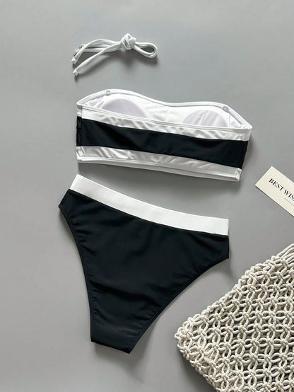 New Fashionable Sexy Solid Color Detachable Strap Strapless Bikini Swimwear For Women, Suitable For Beach, Pool Party, Vacation Summer, Vacationcore