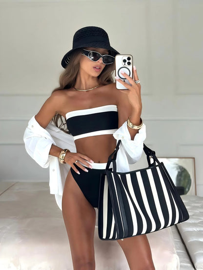 New Fashionable Sexy Solid Color Detachable Strap Strapless Bikini Swimwear For Women, Suitable For Beach, Pool Party, Vacation Summer, Minimalist