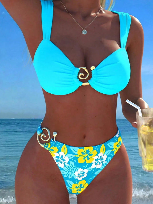 New Floral Print, Metal Shell Strap Bikini Set, Sexy Casual Top And Solid Color Bottoms, Suitable For Beach, Pool Party Vacation Summer