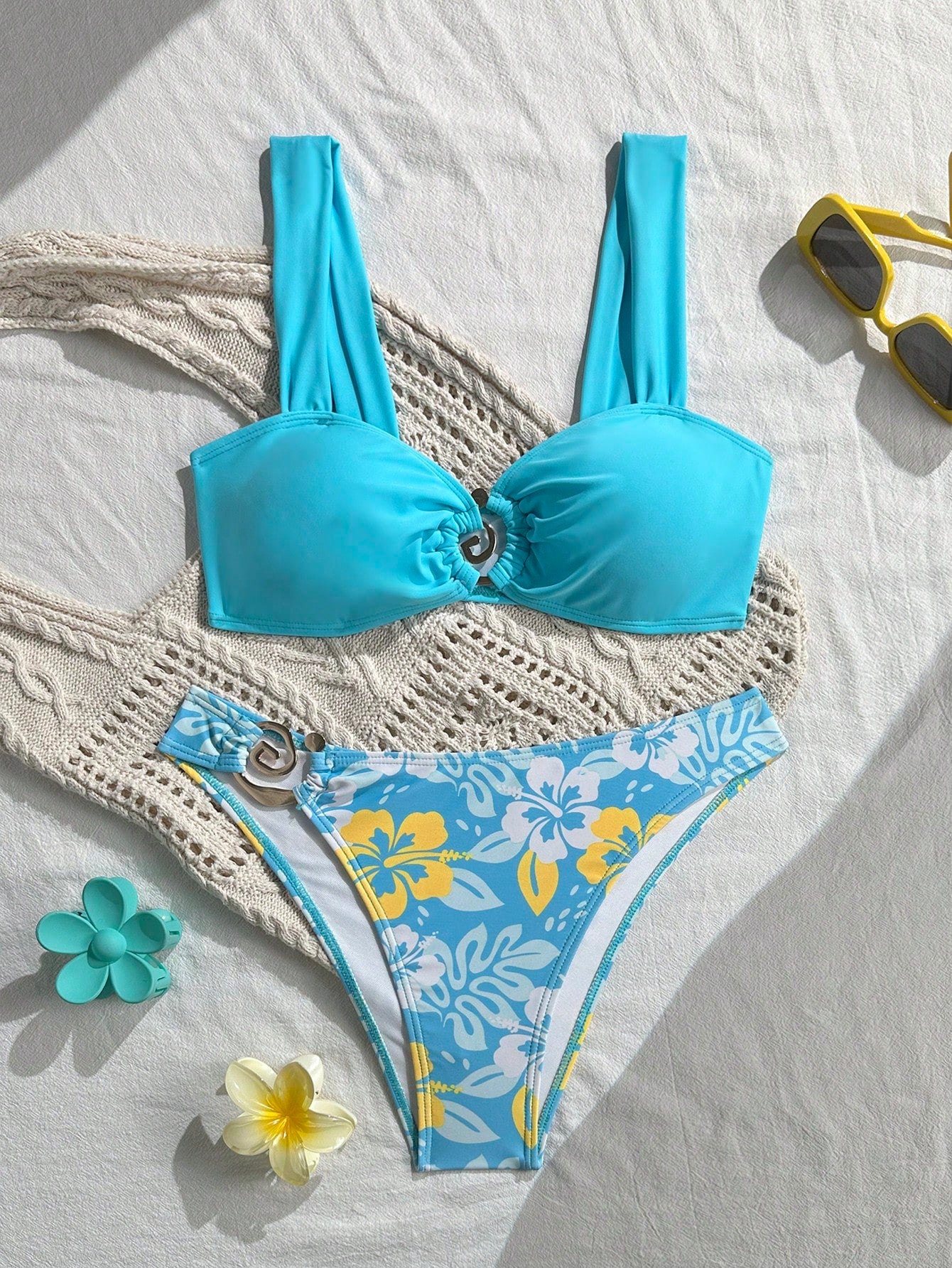 New Floral Print, Metal Shell Strap Bikini Set, Sexy Casual Top And Solid Color Bottoms, Suitable For Beach, Pool Party Vacation Summer