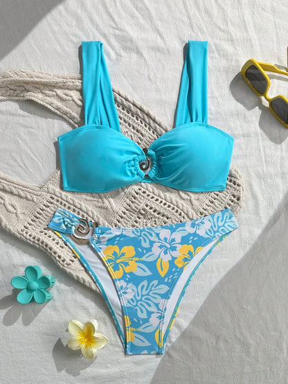 New Floral Print, Metal Shell Strap Bikini Set, Sexy Casual Top And Solid Color Bottoms, Suitable For Beach, Pool Party Vacation Summer