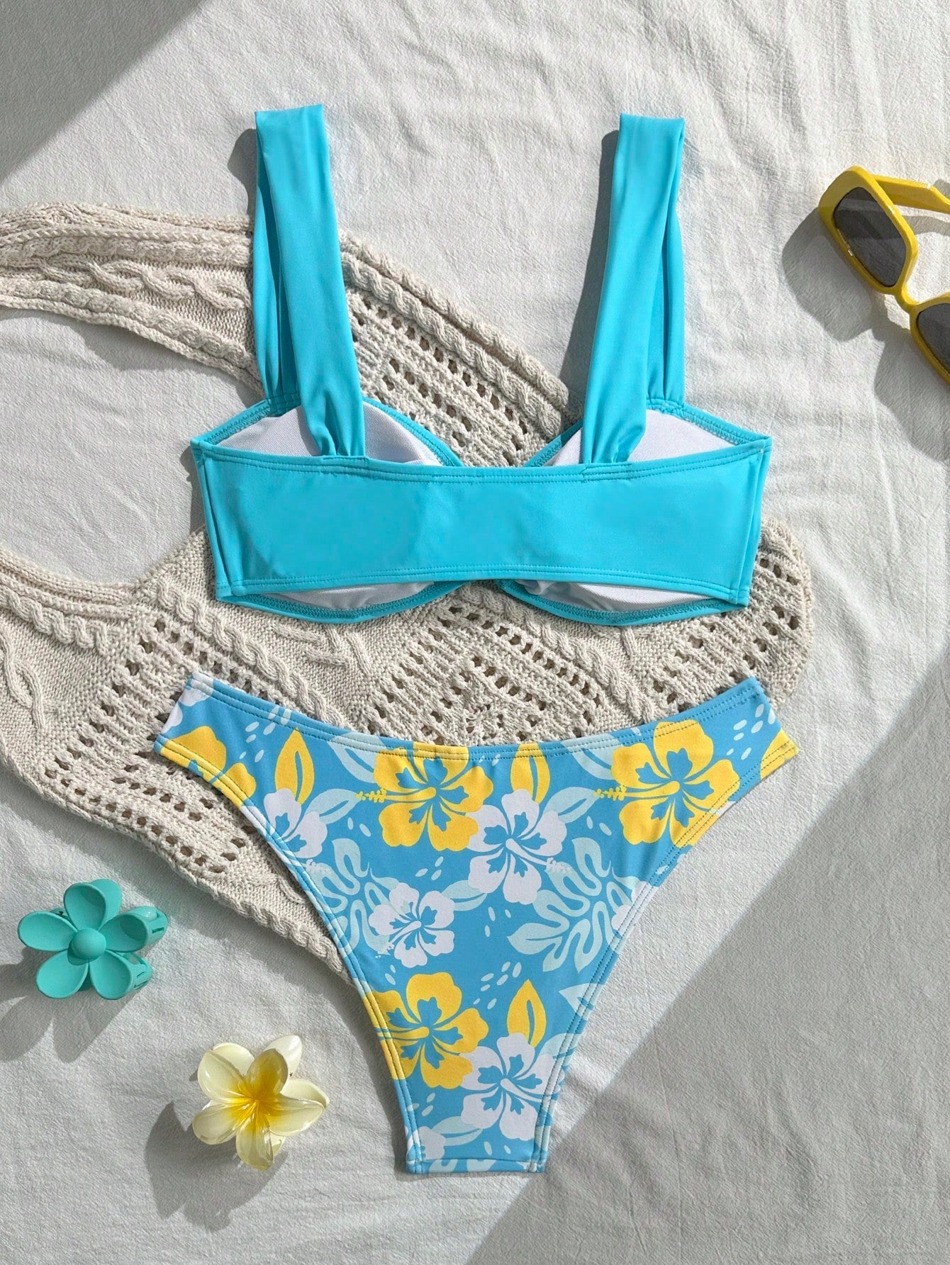 New Floral Print, Metal Shell Strap Bikini Set, Sexy Casual Top And Solid Color Bottoms, Suitable For Beach, Pool Party Vacation Summer