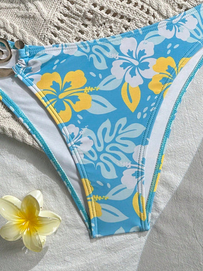 New Floral Print, Metal Shell Strap Bikini Set, Sexy Casual Top And Solid Color Bottoms, Suitable For Beach, Pool Party Vacation Summer