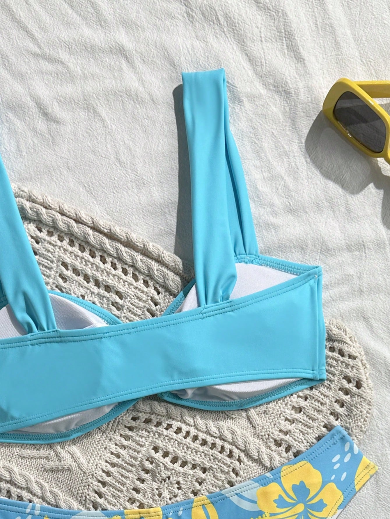 New Floral Print, Metal Shell Strap Bikini Set, Sexy Casual Top And Solid Color Bottoms, Suitable For Beach, Pool Party Vacation Summer