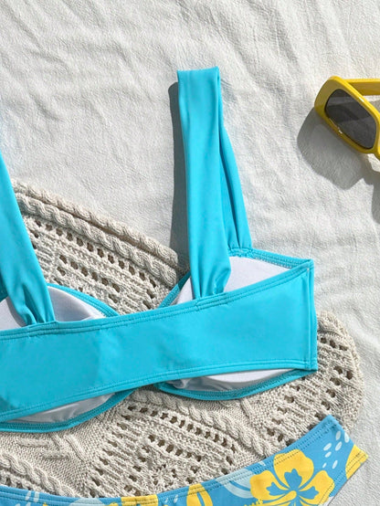 New Floral Print, Metal Shell Strap Bikini Set, Sexy Casual Top And Solid Color Bottoms, Suitable For Beach, Pool Party Vacation Summer