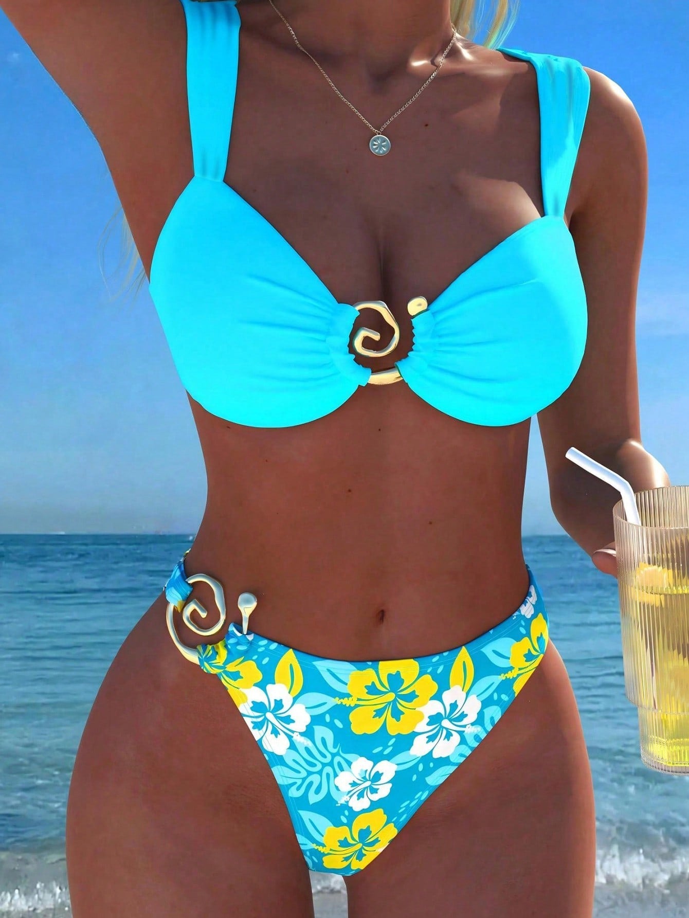 New Floral Print, Metal Shell Strap Bikini Set, Sexy Casual Top And Solid Color Bottoms, Suitable For Beach, Pool Party Vacation Summer