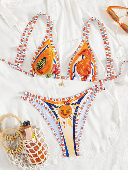 New Fruit & Ocean Print Bikini Two Pieces Set For Women, With Adjustable Straps, Suitable For Summer Beach Vacation, Sexy Beach Party Casual Wear, Women's Swimwear, Beach Outfit, Women's Holiday Outfi