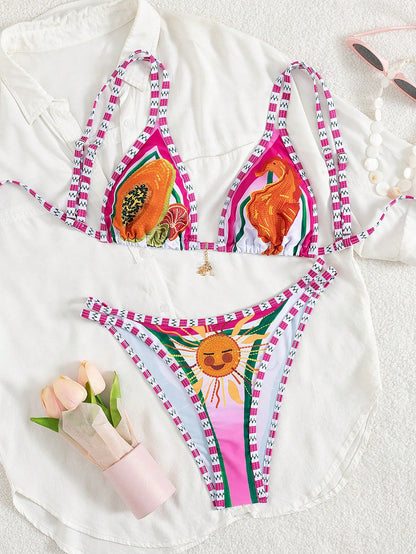 New Fruit & Ocean Print Bikini Two Pieces Set For Women, With Adjustable Straps, Suitable For Summer Beach Vacation, Sexy Beach Party Casual Wear, Women's Swimwear, Beach Outfit, Women's Holiday Outfi
