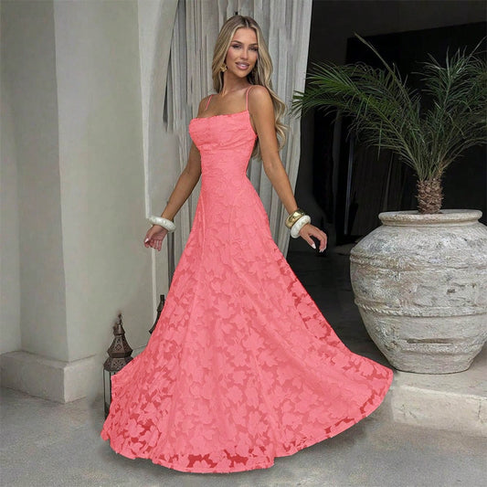 New Lace Backless Spaghetti Strap Elegant Maxi Dress Women Evening Formal Dress
