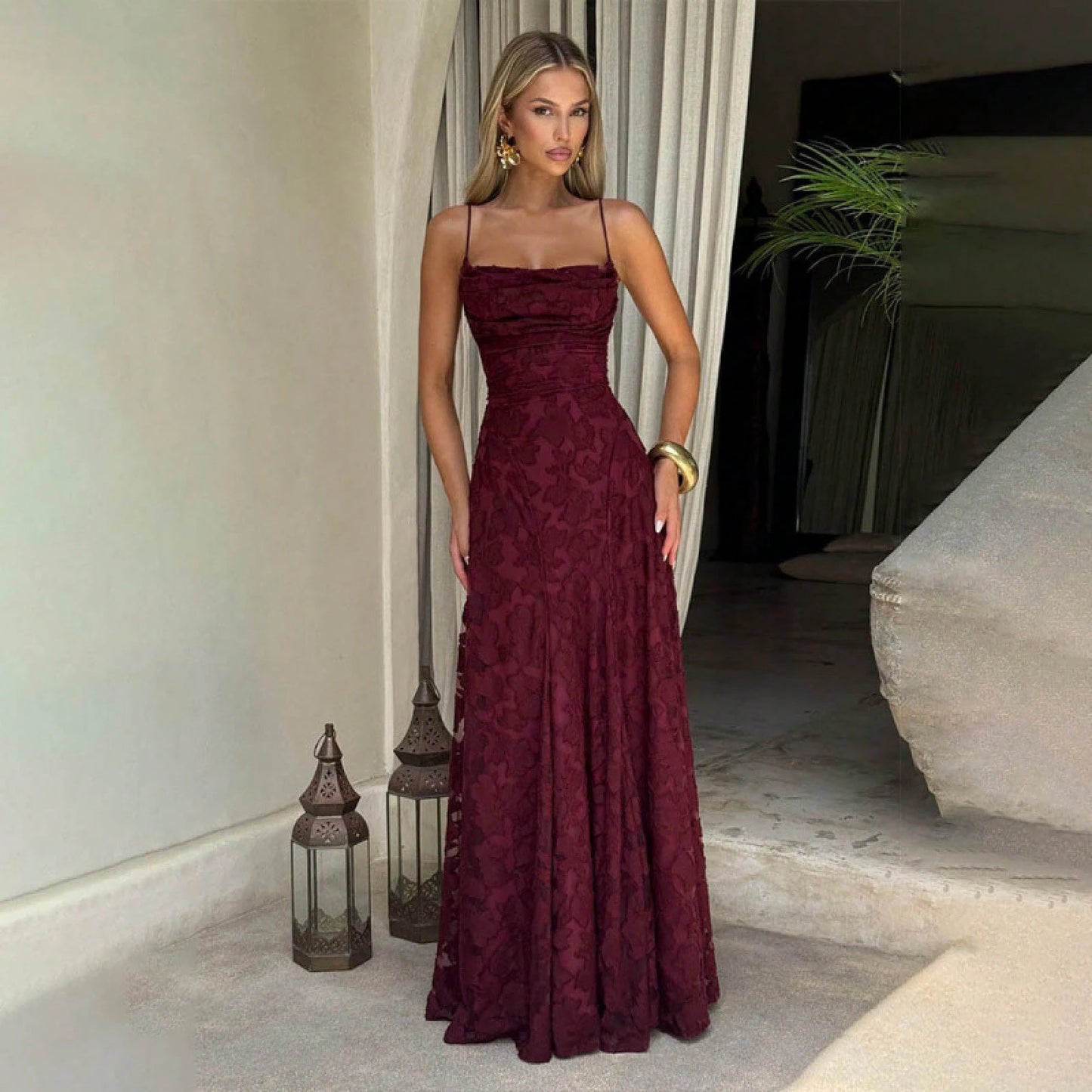 New Lace Backless Spaghetti Strap Elegant Maxi Dress Women Evening Formal Dress