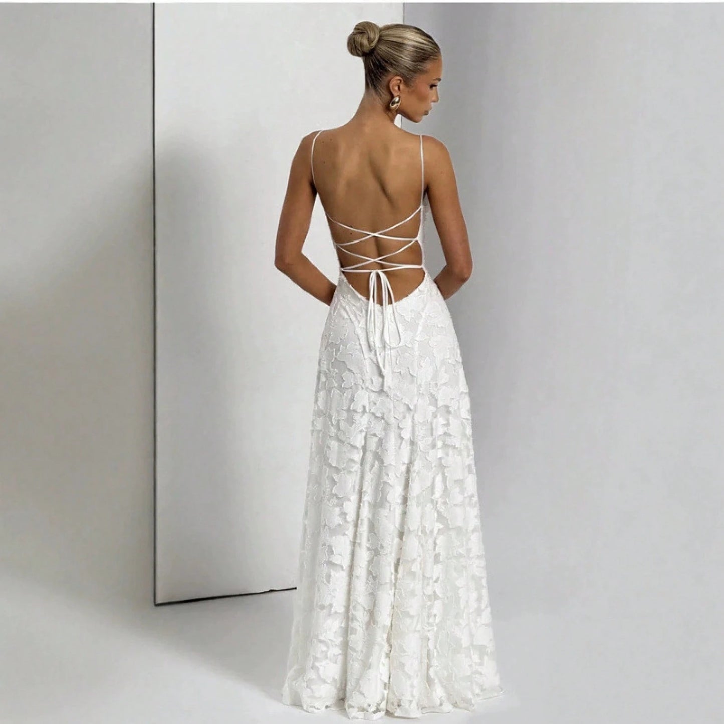 New Lace Backless Spaghetti Strap Elegant Maxi Dress Women Evening Formal Dress