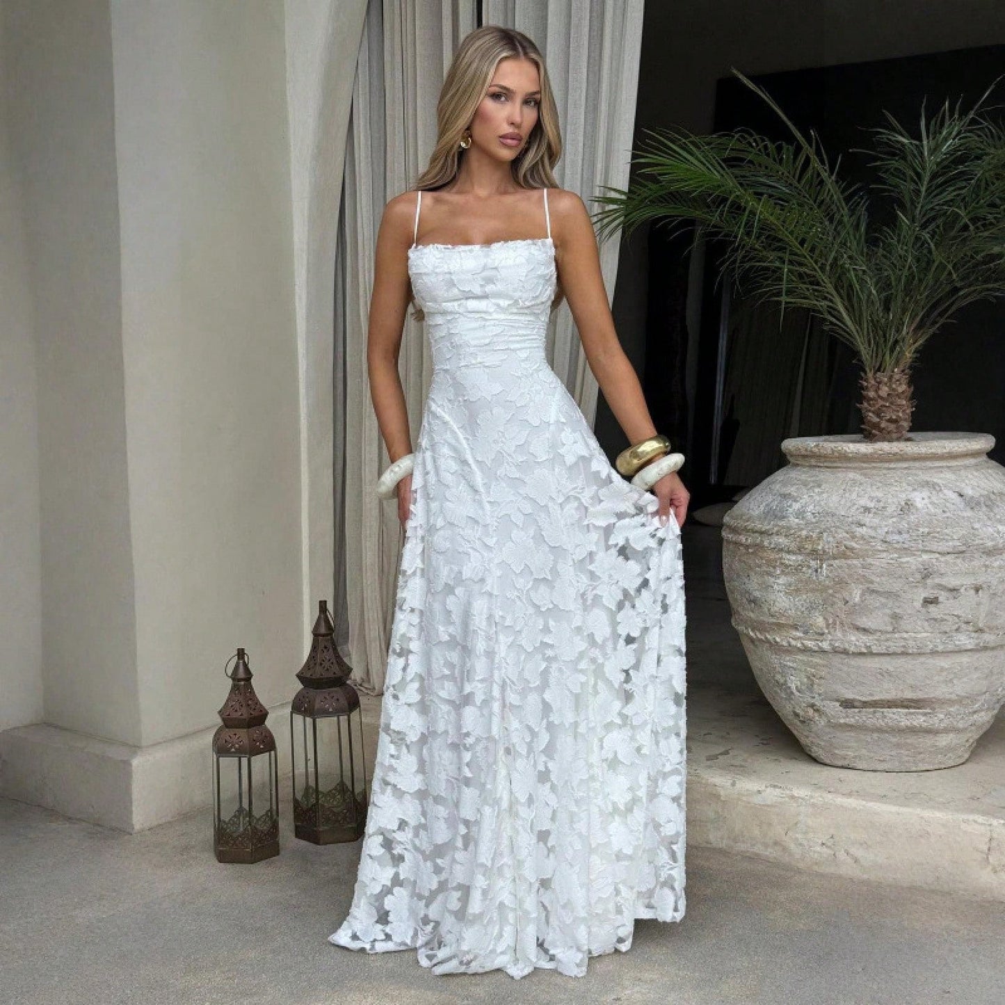 New Lace Backless Spaghetti Strap Elegant Maxi Dress Women Evening Formal Dress