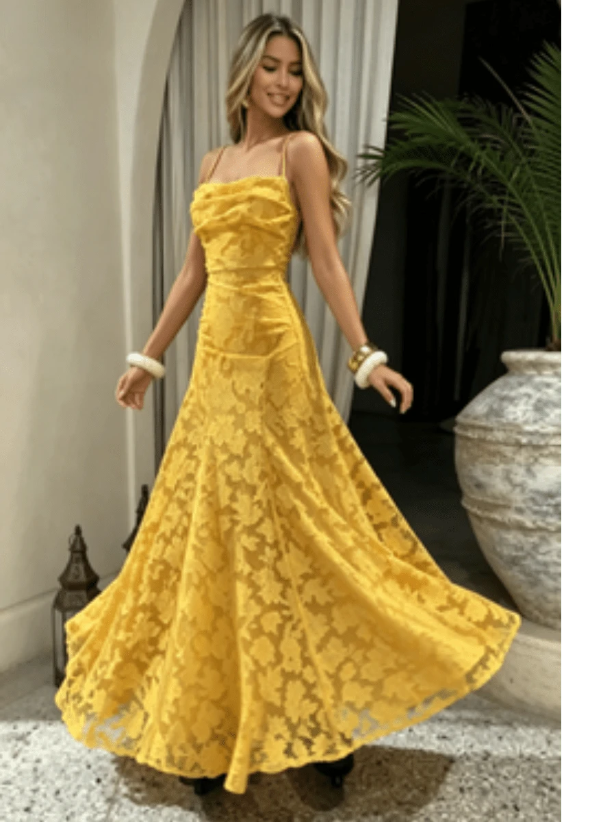 New Lace Backless Spaghetti Strap Elegant Maxi Dress Women Evening Formal Dress