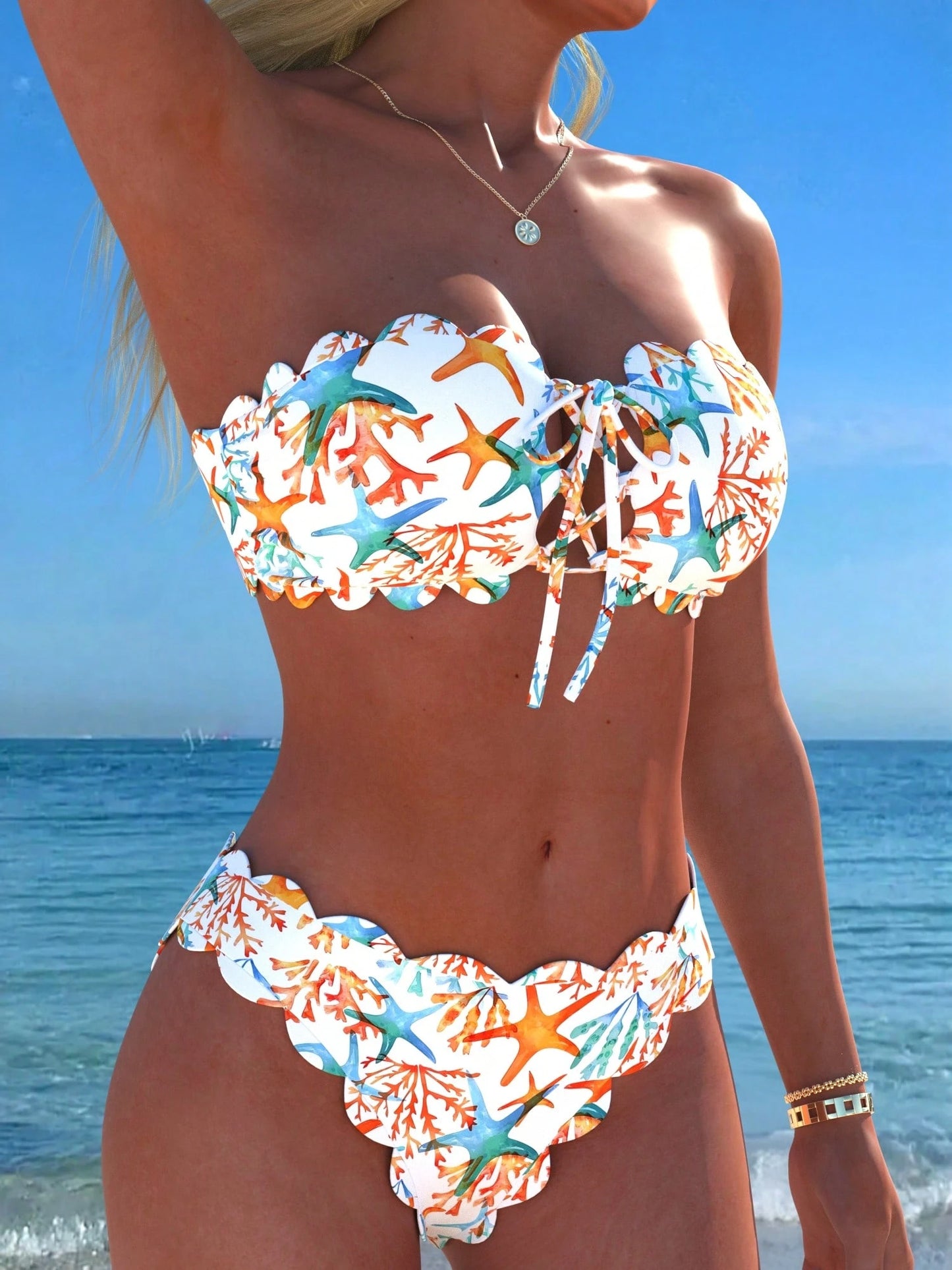 New Leaf Print Flounce Halter Tie Front Bikini Set, Fashionable Sexy Casual Beach Pool Party Holiday Swimwear For Women Vacation White Summer