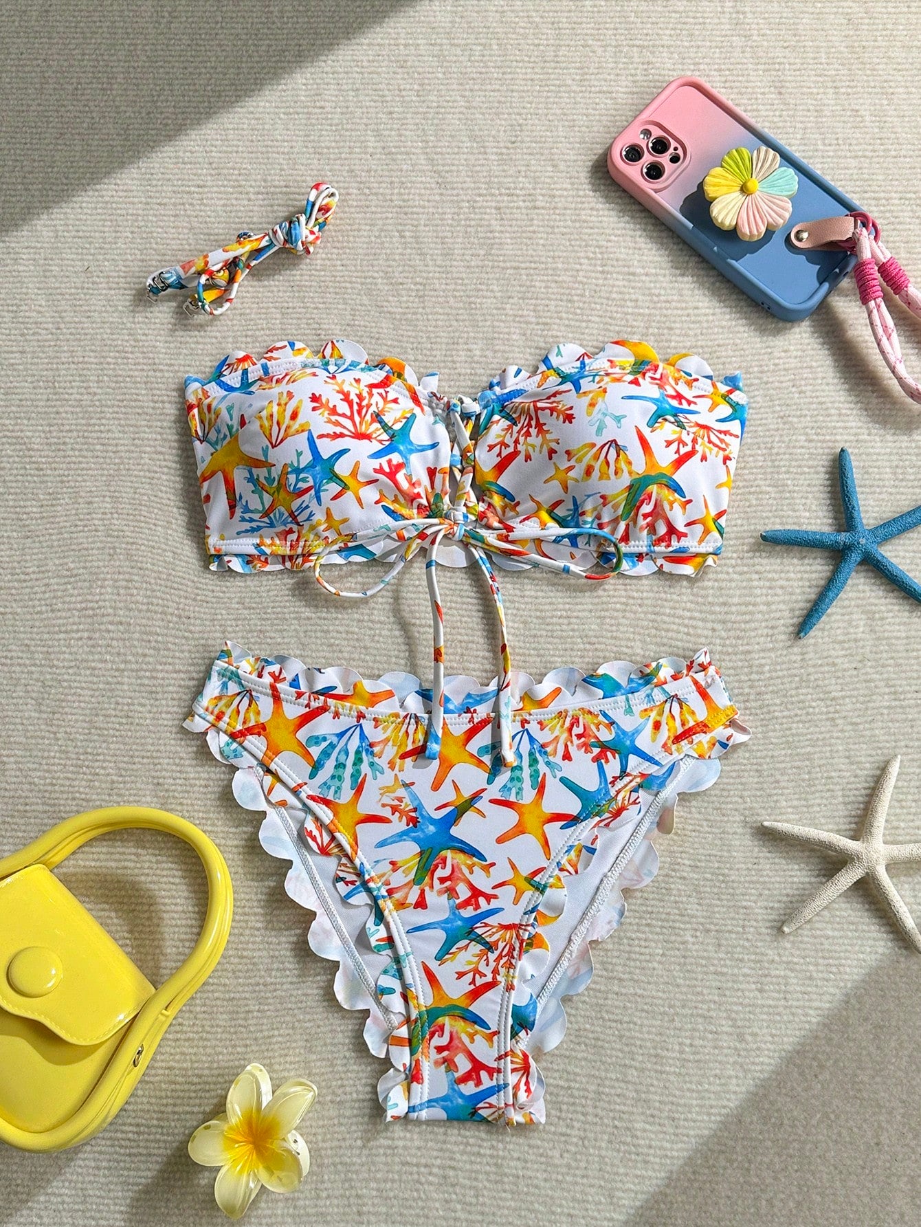 New Leaf Print Flounce Halter Tie Front Bikini Set, Fashionable Sexy Casual Beach Pool Party Holiday Swimwear For Women Vacation White Summer