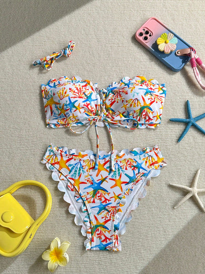 New Leaf Print Flounce Halter Tie Front Bikini Set, Fashionable Sexy Casual Beach Pool Party Holiday Swimwear For Women Vacation White Summer
