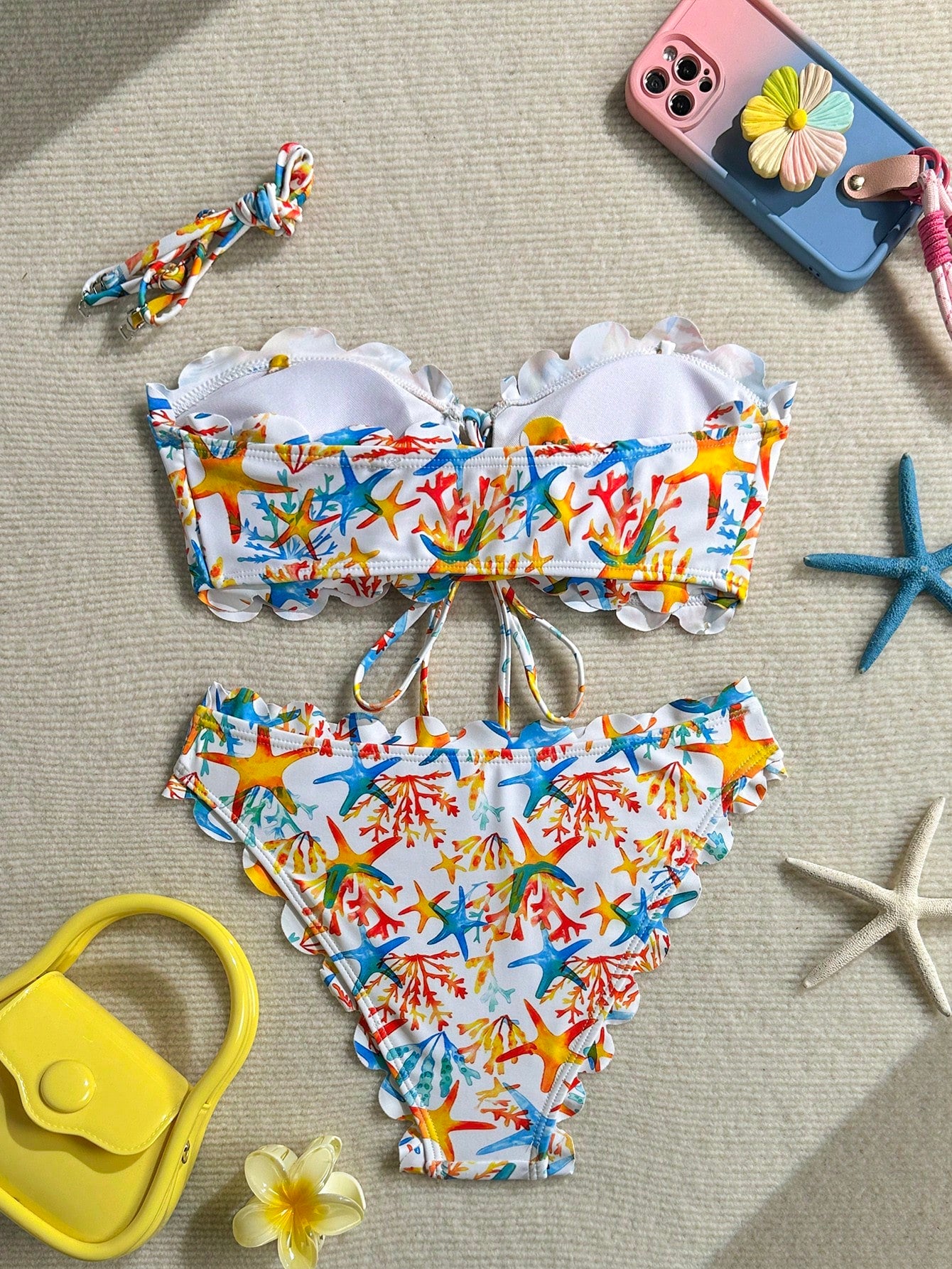 New Leaf Print Flounce Halter Tie Front Bikini Set, Fashionable Sexy Casual Beach Pool Party Holiday Swimwear For Women Vacation White Summer