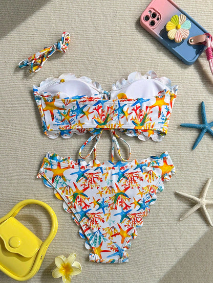 New Leaf Print Flounce Halter Tie Front Bikini Set, Fashionable Sexy Casual Beach Pool Party Holiday Swimwear For Women Vacation White Summer