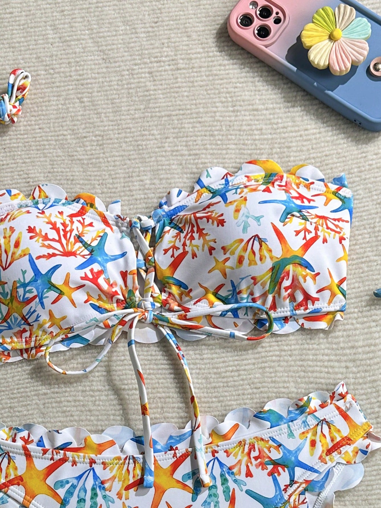 New Leaf Print Flounce Halter Tie Front Bikini Set, Fashionable Sexy Casual Beach Pool Party Holiday Swimwear For Women Vacation White Summer
