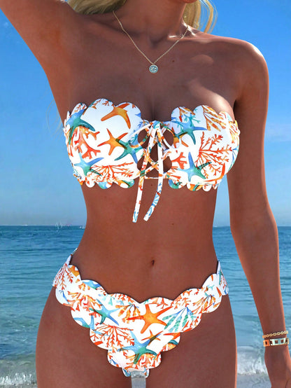 New Leaf Print Flounce Halter Tie Front Bikini Set, Fashionable Sexy Casual Beach Pool Party Holiday Swimwear For Women Vacation White Summer