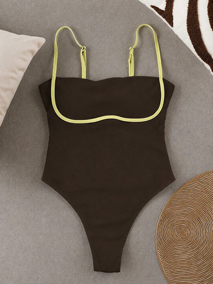 New Sexy Contrast Color High Elasticity Casual Elegant Beach Vacation Date Party Women One-Piece Swimsuit