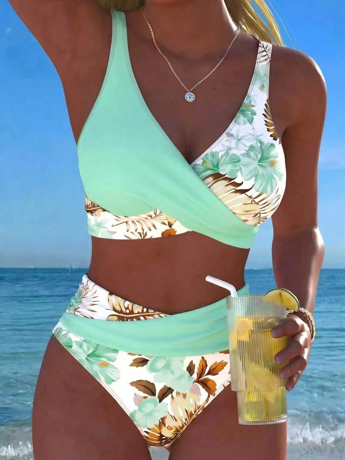 New Sexy Elegant Floral Print Solid Color Fabric Swimwear, Criss-Cross Contrast Shoulder Strap Design, Tankini Swimwear Summer Vacation Beach, Resort Wear, For Women